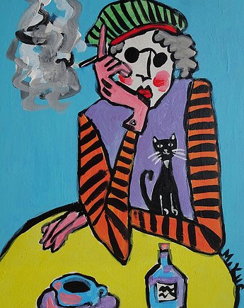 Obraz  fowizm dama babcia z kotkiem, może na papierosa?, alice oil on canvas