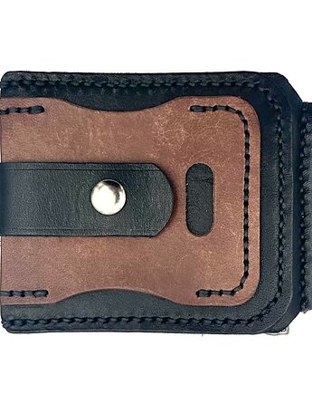 Czarno-brązowy portfel ze skóry ręcznie uszyty zapinany na klips., Rkabags