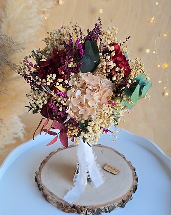 Bukiet ślubny z hortensją i eukaliptusem - bordo, beż, róż i zieleń, BohoSuszki