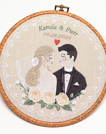 Haft ślubny w tamborku 20 cm, indywidualna pamiątka ślubna, rocznicowa, Plasun