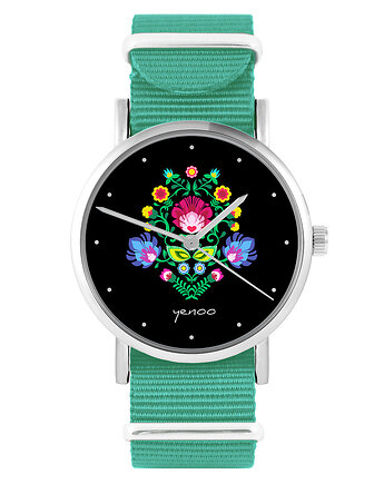 Zegarek - Folkowy czarny - turkusowy, nylonowy, yenoo