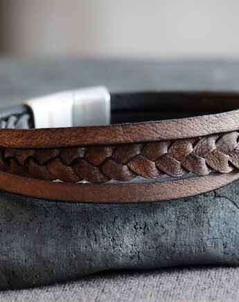 Męska elegancka bransoletka , skóra pleciona, stal nierdzewna ArgentoMen, Argento akcesoria