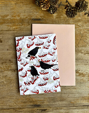 Kosy w jarzębinie- Kartka- Grafika- Ilustracja- Ptaki, BOSKE