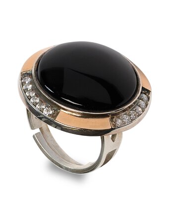 Duży pierścionek z onyksem i cyrkoniami ze srebra i złota, OSOBY - Prezent dla ukochanej