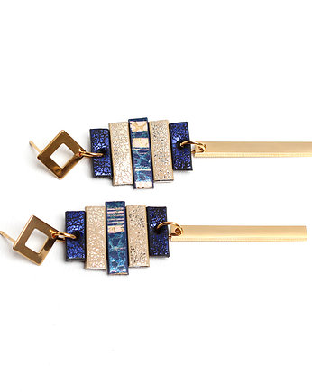 Długie kolczyki kwadraty granatowo-złote, Kociokwik Jewelry