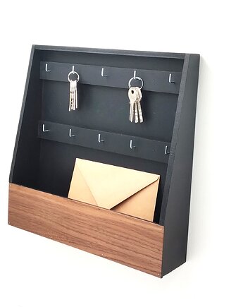 Duża, otwarta skrzynka na klucze, czarna z orzechem, 10 haczyków, Silva Drewniane Dekoracje