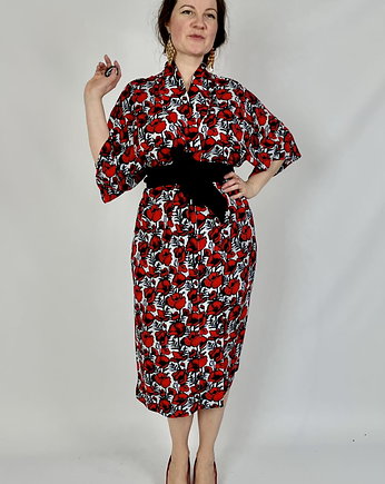 KIMONO czerwone / szlafrok ślubny/ sukienka w maki (100% wiskoza), NAWROTANKA