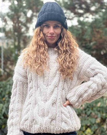 Sweter warkoczowy na drutach 100% MERYNOS, PANAPUFA