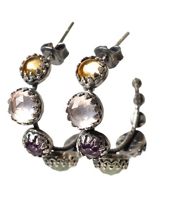 Srebrne oksydowane kolczyki kółka z kamieniami szlachetnymi, Blooming Stones