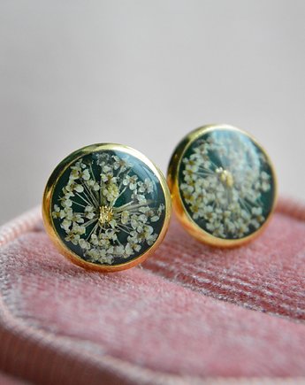 Biżuteria z żywicy kolczyki sztyfty dzika marchew zieleń, Jaskółcze ziele handmade 