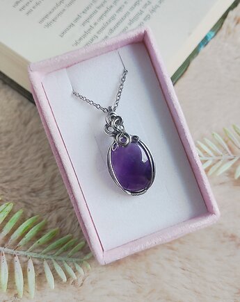 Naszyjnik Ametyst stal chirurgiczna wisiorek handmade wirewrapping, byNostawen