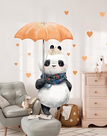 Panda z parasolką, serduszka - Naklejka na ścianę, Naklejka ścienna, Mała Pracownia DK
