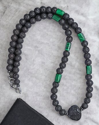 WYSYŁKA 24h - MALACHIT, lawa, TURMALIN - naszyjnik męski, zapinany, kaktusia