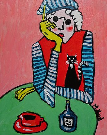 Obraz fowizm dama babcia z kotkiem, alice oil on canvas