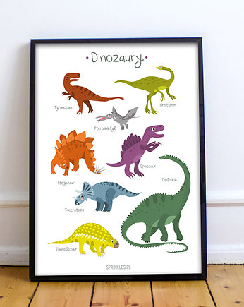 Plakat z dinozaurami. Białe tło. 30x40 cm, OKAZJE - Prezent na Chrzciny