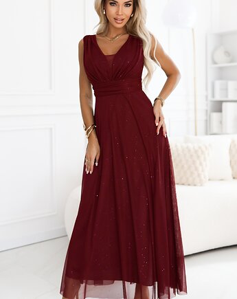 637-1 Wieczorowa długa sukienka z brokatowym akcentem - bordo, NUMOCO