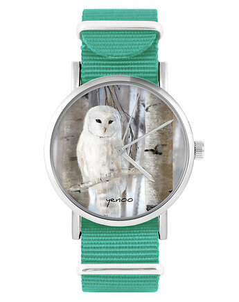 Zegarek - Biała sowa - turkusowy, nylonowy, yenoo