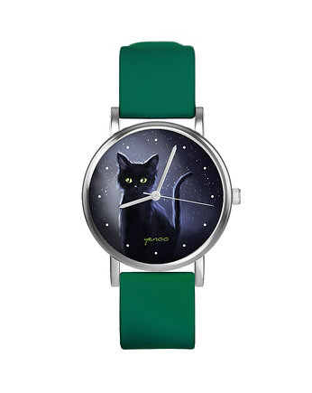 Zegarek  mały - Czarny kot, noc - silikonowy, zielony, yenoo