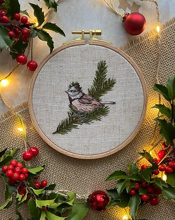 Tamborek Ptaki Zimy, prezent na Święta, haftowana Czubatka, MomoMabelHandembroidery