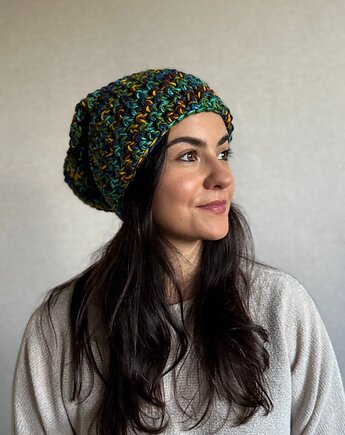 Kolorowa duża czapka beanie z wełną i alpaką, Zasznurowane