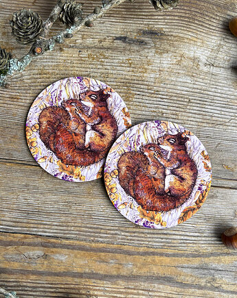 Podkładki pod kubek- Śpiące wiewórki- las- Ilustracja- Jesień, BOSKE