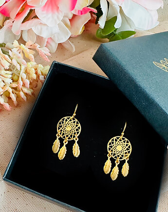 KOLCZYKI  łapacz snów , złote pióra, biżuteria boho, Anemon Atelier