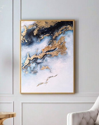 OCEAN Abstrakcyjny obraz akrylowy ze złotem, ręcznie malowany, 70x50 cm, Anna Jatczak Art