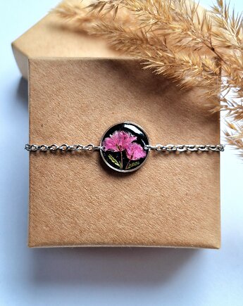 Bransoletka z kwiatami różowej gipsówki na czarnym tle srebrna, Kwiat Paproci