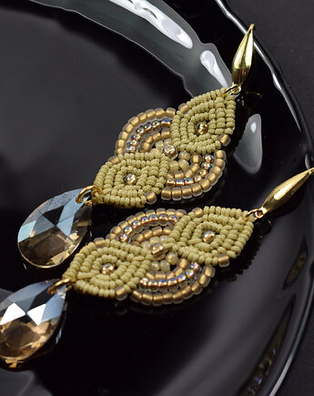 Beżowo złote eleganckie kolczyki z koralików, Pracownia Kameleon