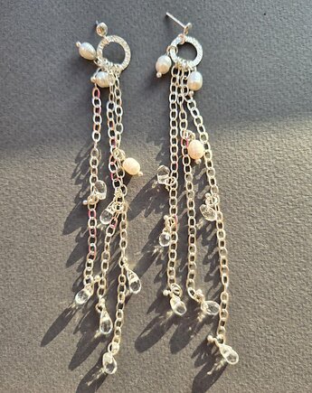 Długie ślubne kolczyki srebrne z łańcuszków, kryształów górskich i pereł, Dziewczyna i Perły