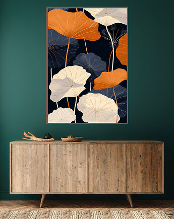 Liście lotusu - Plakat, druk - Chiński Orient, Harmonia Zen, Wabi Sabi #85, Black Sapphire Art
