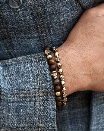 Set 2 męskich bransoletek - elegancki brąz ze złotem, Kulka Bransoletki