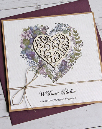 Kartka ślubna z życzeniami : fiolet : ażurowe serce, kaktusia