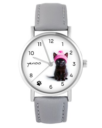 Zegarek - Czarny kotek - szary, skórzany, yenoo