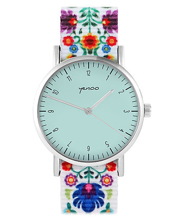Zegarek - Simple, turkusowy - folk biały, nato, yenoo