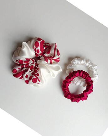 Biel i czerwień - zestaw jedwabnych scrunchie, BARLA