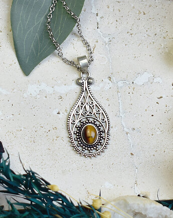 Miedziany posrebrzany wisiorek z tygrysim okiem - etniczny, boho, Spirit Of Copper