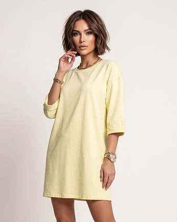 666-2 Bawełniana luźna sukienka oversize z krótkim rękawem - żółta, NUMOCO