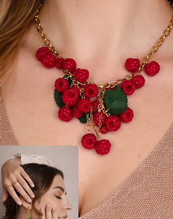 Komplet biżuterii z malinami, naszyjnik i kolczyki, biżuteria owocowa, MariaPolymer