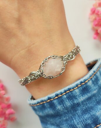 Bransoletka Kwarc Różowy sztywna stal chirurgiczna handmade wirewrapping, byNostawen