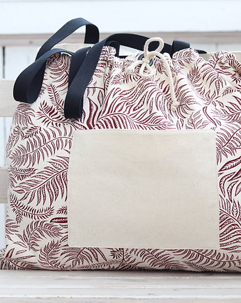 Duża torba plażowa z tkaniny bawełnianej, wzór bordowych liści, BalticBags
