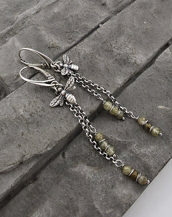 Kolczyki srebrne Bee z zielonym granatem, RayOfArt