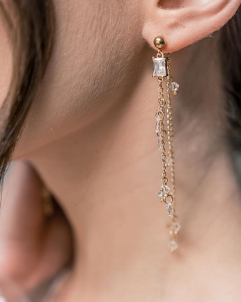 AURORA - długie kolczyki złote wieczorowe z łańcuszkami i kryształkami, Aureus Flos