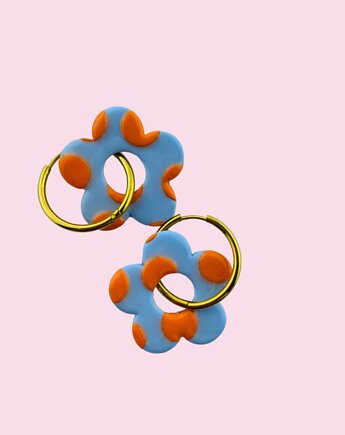 Kolczyki dwustronne w GROSZKI - błękit + pomarańcz, Cuksy Jewellery