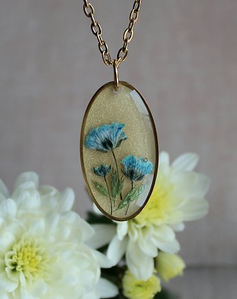 Złota zawieszka złoty wisiorek biżuteria roślina jajowata niebieska, zkwiatem