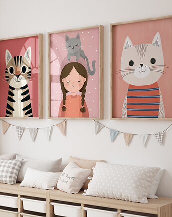 Zestaw 3 Plakaty kolorowe kotki kot dla dziewczynki, Maja Montessori