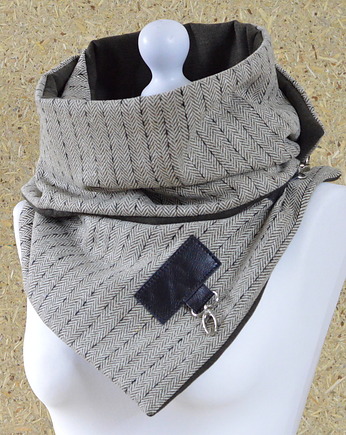 Szal wełna w jodełkę ze skórą Unisex -Zieleń khaki, Green Sheep