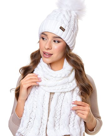 Komplet damski czapka z pomponem i szal zimowy biały C03, Ella Dora