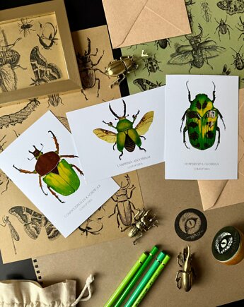 Zestaw 3 pocztówek  - zielone chrząszcze, tiny_beast_art