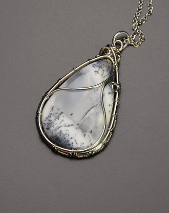 Wisiorek agat opal dendrytowy, wire wrapping stal chirurgiczna, Agata Rozanska